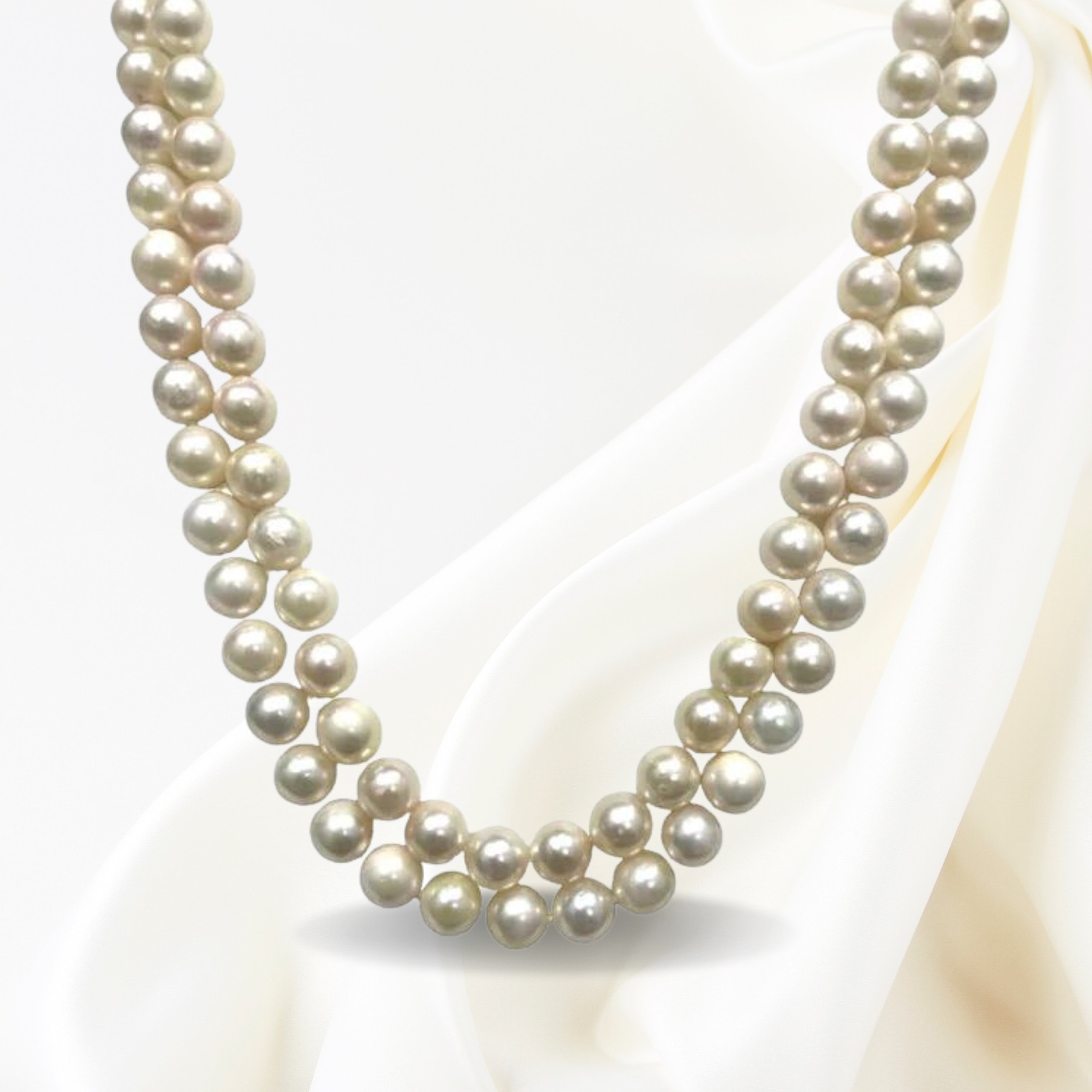 Estate 10k white gold double strand akoya pearl necklace